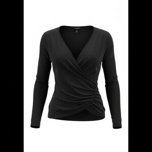 Express Black Ruched Wrap-Front Long-Sleeve Blouse